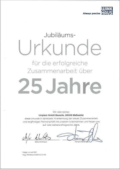 Urkunde Winkhaus Jubiläum 25 Jahre Zusammenarbeit